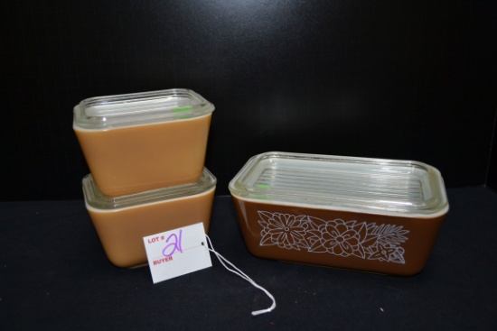 Pyrex Woodland Refrigerator Dishes No. 501 (x2) and 502 w/Lids; Mfg. 1978-1981; Chip on lid.