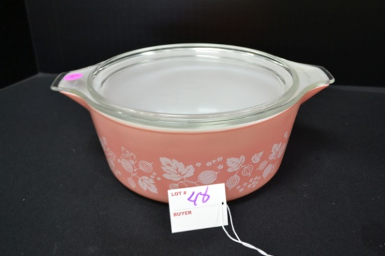 Pyrex Pink Gooseberry No. 475 Casserole w/Lid; Mfg. 1961-1966
