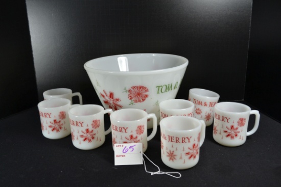 Fire-King Tom and Jerry Snowflake Eggnog Bowl and 8 Cup Set