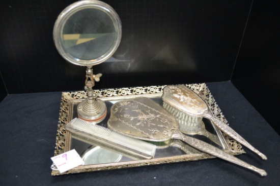 Vintage Silver-Plate Vanity Set w/ Mirrored Tray and Tabletop Make Up Mirror