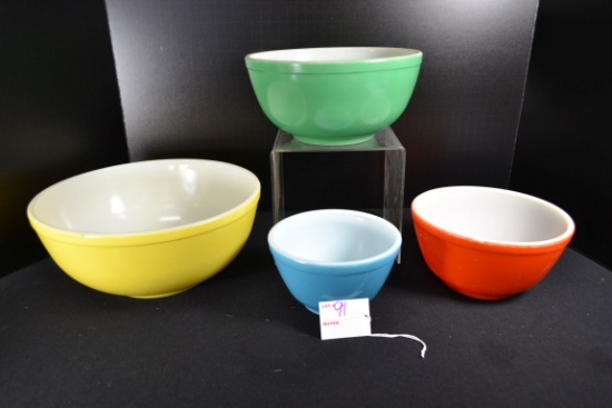 Pyrex Primary Colors Mixing Bowl Set Nos. 401, 402, 403, and 404; Mfg. 1945-1968