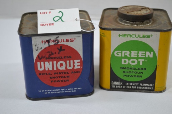 Hercules Smokeless Unique Rifle, Pistol and Shotgun Powder and Green Dot Shotgun Powder, Empty Cans