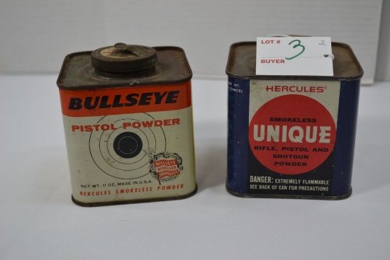 Hercules Smokeless Unique Rifle, Pistol and Shotgun Powder and Bullseye Pistol Powder, Empty Cans