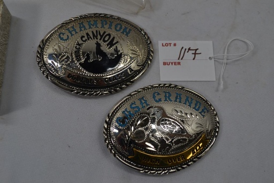 Pair of Silver and Turquoise Belt Buckles, Cash Grande High Over All Quail Design and Champion Black
