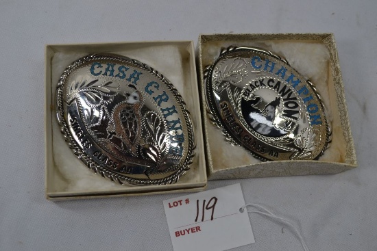 Pair of Silver and Turquoise Belt Buckles, Champion Singles Class AA, Black Canyon World Design and