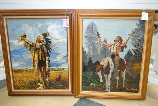 Pair of Framed Jerry L. Brown Oil Paintings of Indian Shaman and Indian Brave on Horseback; 20"x24"