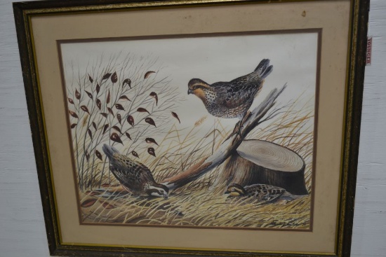 Quail Print by Patrick J. Costillo; Matted and Framed; Signed; 26" wide x 22" Tall