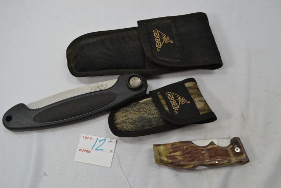 2 Gerber Knives; 6-1/2" Tree Limb Cutting Saw In Cloth Sheath w/Extra Blade and 3-1/2" Pocket Knife