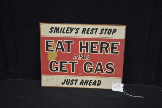 Smiley's Rest Stop Eat Here and Get Gas Tin Sign; 15"x12"