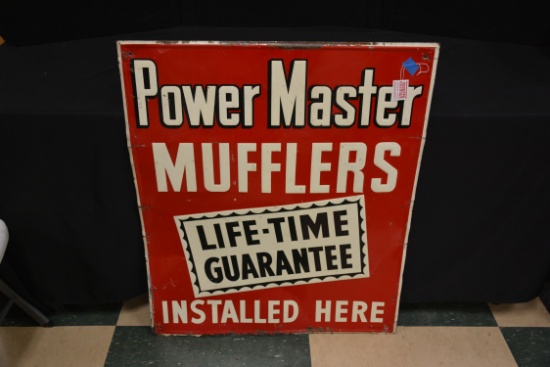 Self-Framed Tin Power Master Mufflers Advertising Sign by Corn State Advertising, Des Moines, IA; So