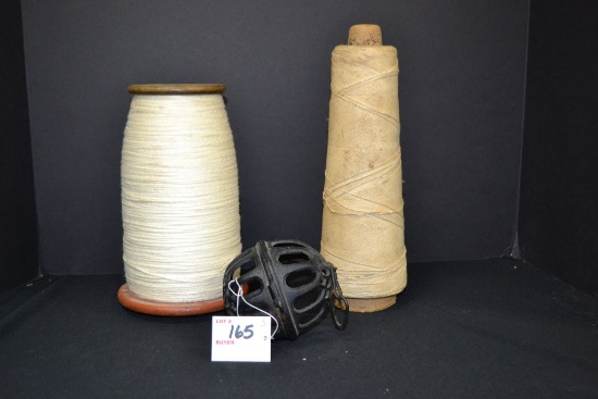 Pair of Textile Spools w/Thread and Cast Iron Spool Thread Holders
