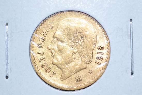 1918 Mexican Five Peso .900 Gold Piece; Unc.