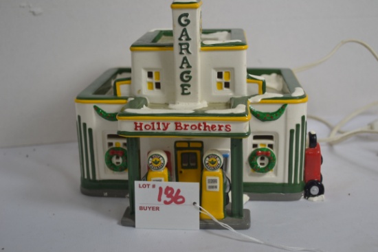 1995 Snow Village Lighted Ceramic Holly Brothers Garage Christmas Decoration