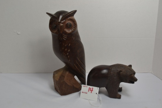 Handcarved Teakwood 3-1/2"x5" Bear and 9-1/2"x4" Owl