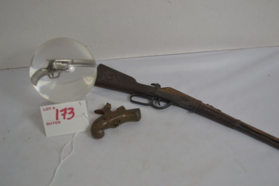 Pair of Miniature Metal Guns and Paperweight w/Miniature Gun Inside