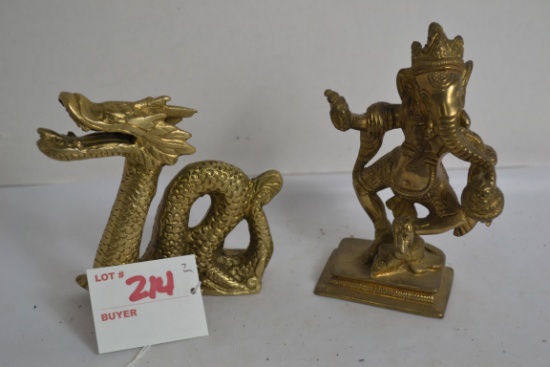 Pair of Solid Brass Figurines including Dragon