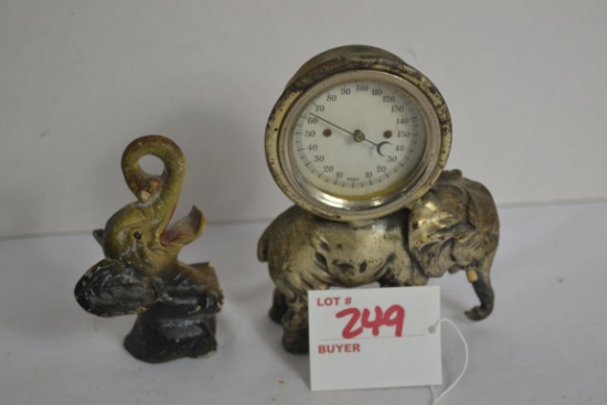 Vintage Pot Metal Indoor Thermometer of Elephant Tusk (Broken) with Vintage Iron Elephant Bottle Ope