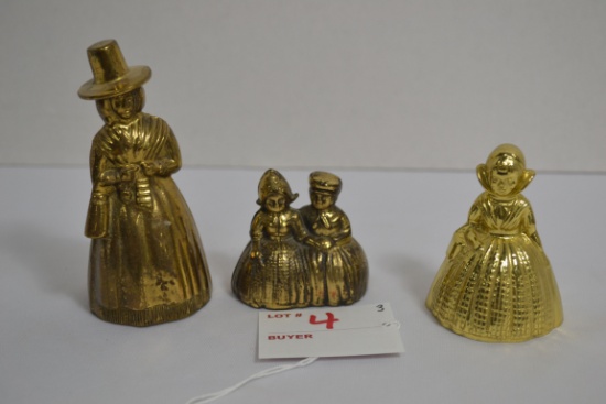 Group of 3 Brass Colonial Figurine Bells; Various Sizes; Made in England