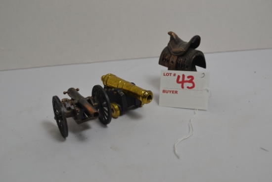 Brass-Colored Cannon and Saddle Pencil Sharpener Souvenirs and Brass and Cast Cannon