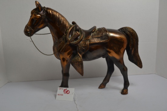 Hollow Metal Brass Finish Western-Style Horse Figurine; 12"x10-1/2"