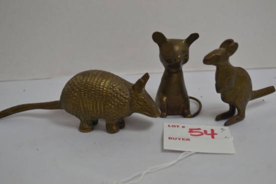 Group of 3 Brass Figurines including Mouse, Kangaroo, and Armadillo