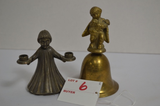Brass Cupid Bell and Silverplate Double Candleholder