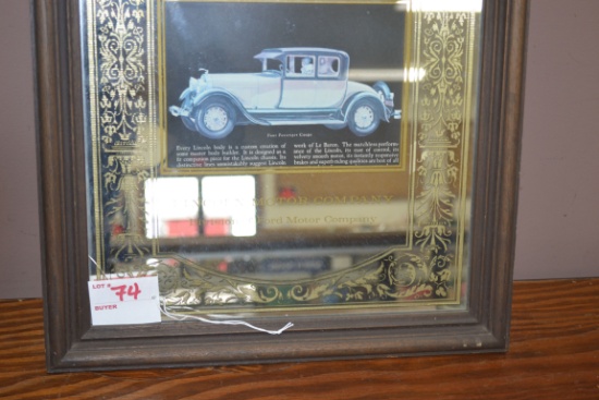 Framed Mirror-Finish 1928 Lincoln 4-Passenger Coupe; Crack in Corner; 18"x14"