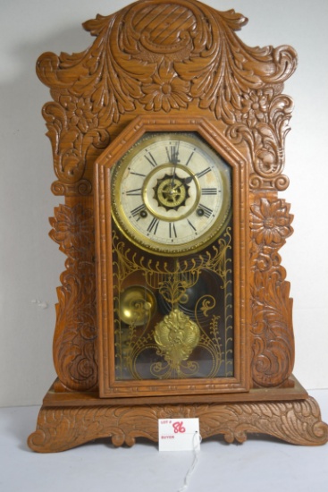 Vintage Walnut Pressed Wood Waterbury Mantle Clock w/Keys