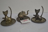 Group of 3 Vintage Zinc Alloy Silverplate Cats and Elephant Ringholder