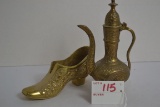 Miniature Brass Greek Pitcher and Brass Daisy and Button Shoe