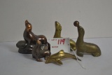 Pair of Brass Seals and  Brass Dolphin