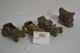 Group of 3 Brass Metal Vintage Cars and 1 Pot Metal Covered Wagon Marked Colorado