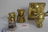 Group of 4 Various Brass Bells and One Reed and Barton Hippo Silverplate Fairy Box