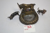 Group of Metal and Brass Bull Figurines and Alamo Souvenir Ashtray