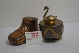 Brass-Colored Baby Shoe Bank (Missing Plug) and Brass-Plated Drum/Goose Music Box (Works)