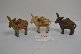 Group of 3 Metal Brass-Finish Handpainted Royal Gorge and Missouri Souvenir Donkeys