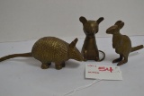 Group of 3 Brass Figurines including Mouse, Kangaroo, and Armadillo