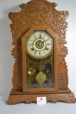 Vintage Walnut Pressed Wood Waterbury Mantle Clock w/Keys
