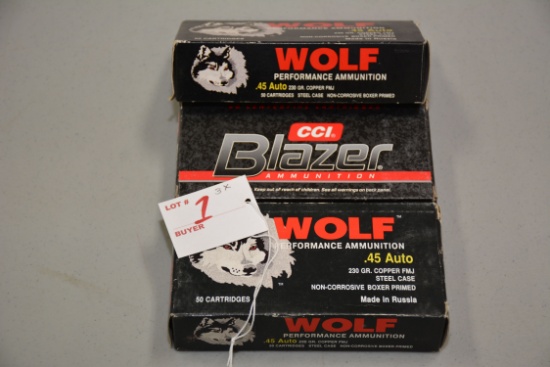 1 Box Blazer .45 Auto 230 gr. FMJ; 50 Rds./Box and 2 Boxes Wolf .45 Auto 230 gr. FMJ 50 Rds./Box; 3x