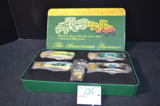 John Deere "The American Farmer" Collectors Tin w/Pocket Knives; Possible spelling error on face.