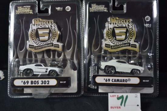Pair of Muscle Machine 5th Year Anniversary Cars including '69 BOS 302 and '69 Camaro; 1/64 Scale