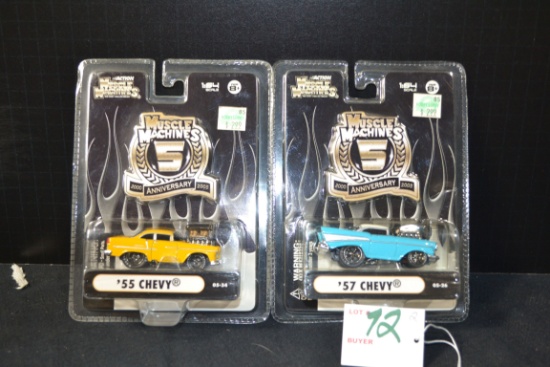 Pair of Muscle Machine 5th Year Anniversary Cars including '55 Chevy and '57 Chevy; 1/64 Scale