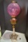 Vintage Victorian-Style Brass/Marble Finish Pillar Lamp w/Cranberry Opalescent Shade; Beautiful