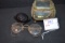 Group of Vintage Gold-Rimmed Eye Glasses, Black Bakelite Cameo-Style Pen, and Beveled Glass Hinged-L