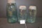 Group of 3 Vintage Blue Quart and Half-Gallon Mason Jars w/Zinc Lids