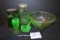 Group of Uranium and Dark Green Glass Shakers, Bowl, and Spoon