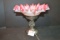 Vintage Handpainted Fenton Pink Satin and Milk Glass ruffled Edge Bridal Basket on Silver Shade Stan