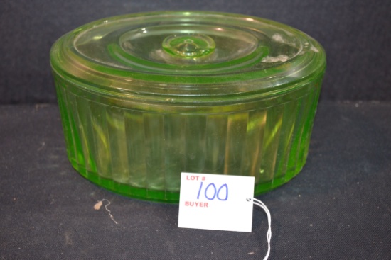 Vintage Green Uranium Glass Oval Refrigerator Dish w/Lid