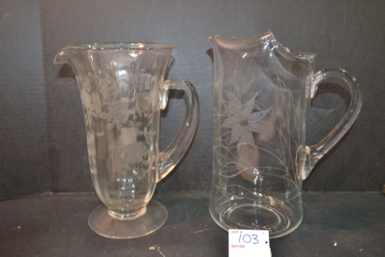Pair of Vintage Etched Crystal Water Pitchers