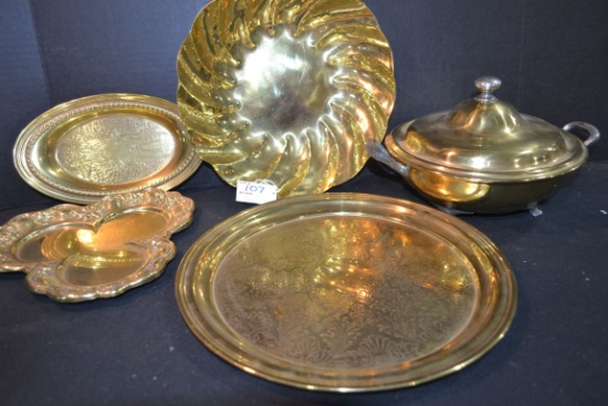 Group of Copper Trays and Covered Dish